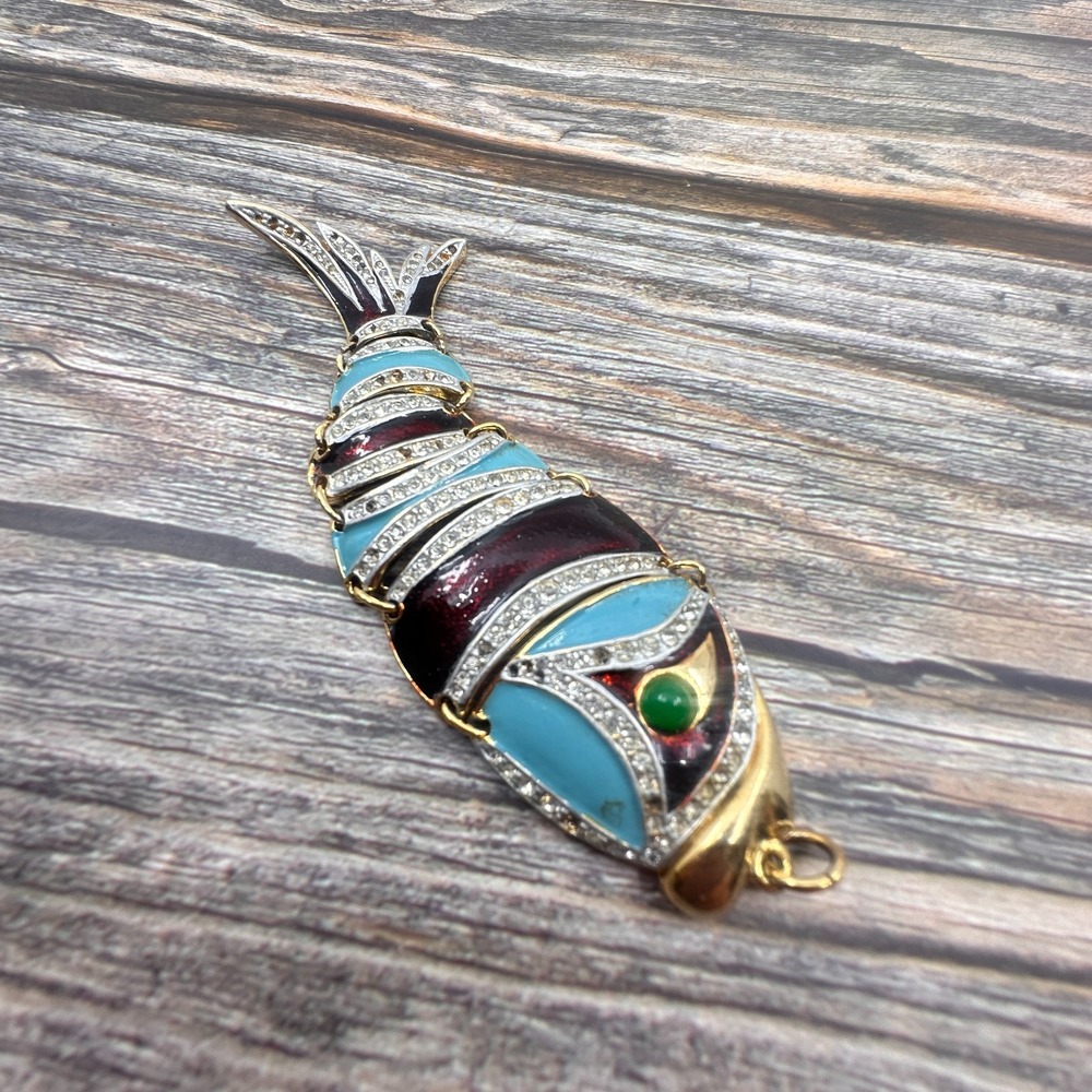 Articulated Fish Pendant Turquoise & Gold Tone Blue Burgundy Enamel Rhinestone